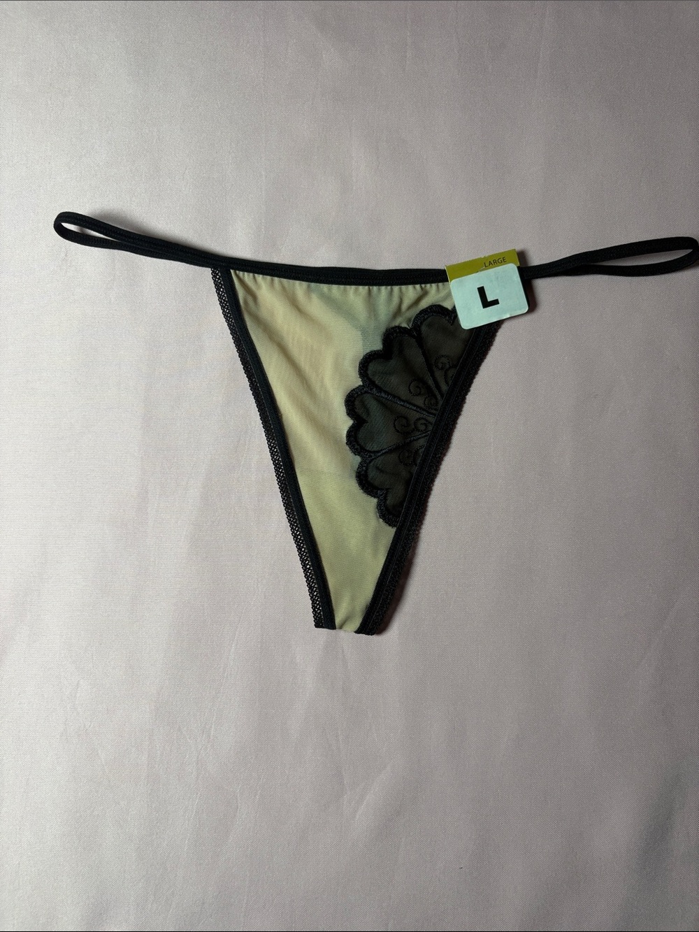 Sheer Black-Trim Bikini Bottom with Lace Appliqué - Large